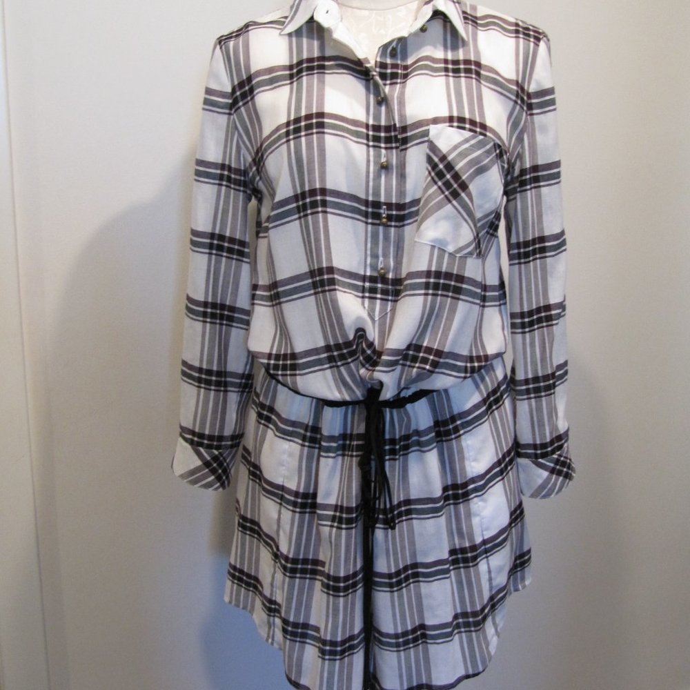 Veronica Beard Marcy Plaid Tie Waist Convertible Sleeve Shirt Dress, Size 6